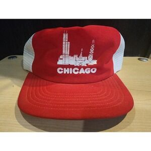 VTG Chicago Skyline City Souvenir Red Mesh Snapback Trucker Hat Cap